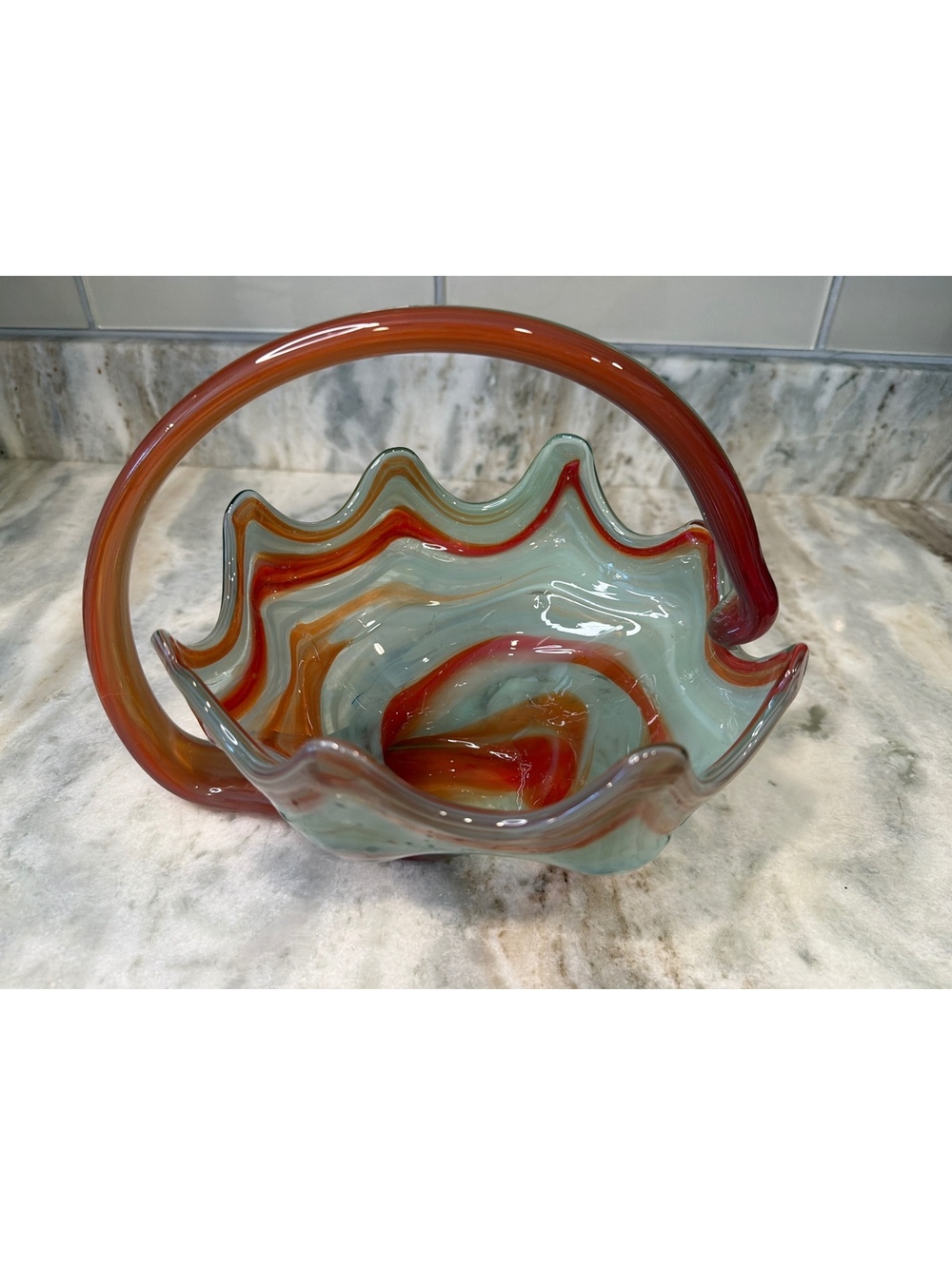 Vintage Hand Blown Art Glass Basket Bowl MCM Cornucopia Orange Green Swirl
